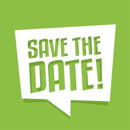 Grüner Hintergrund mit weißer Sprechblase und der Aufschrift 'Save the Date!' in großer, grüner Schrift.